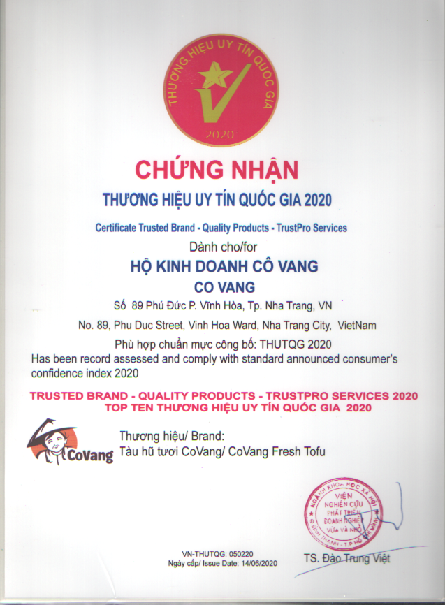 Chứng nhận và sự công nhận Thương hiệu Uy Tín Quốc Gia 2020