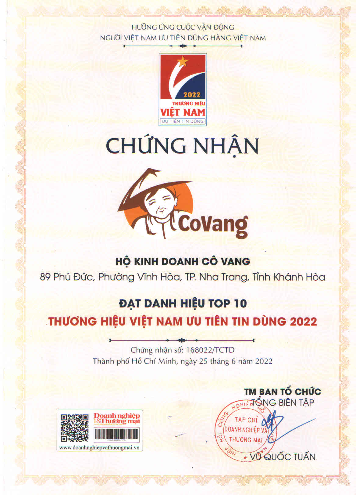 Chứng nhận và sự công nhận Top 10 Thương hiệu Việt Nam ưu tiên tin dùng 2022