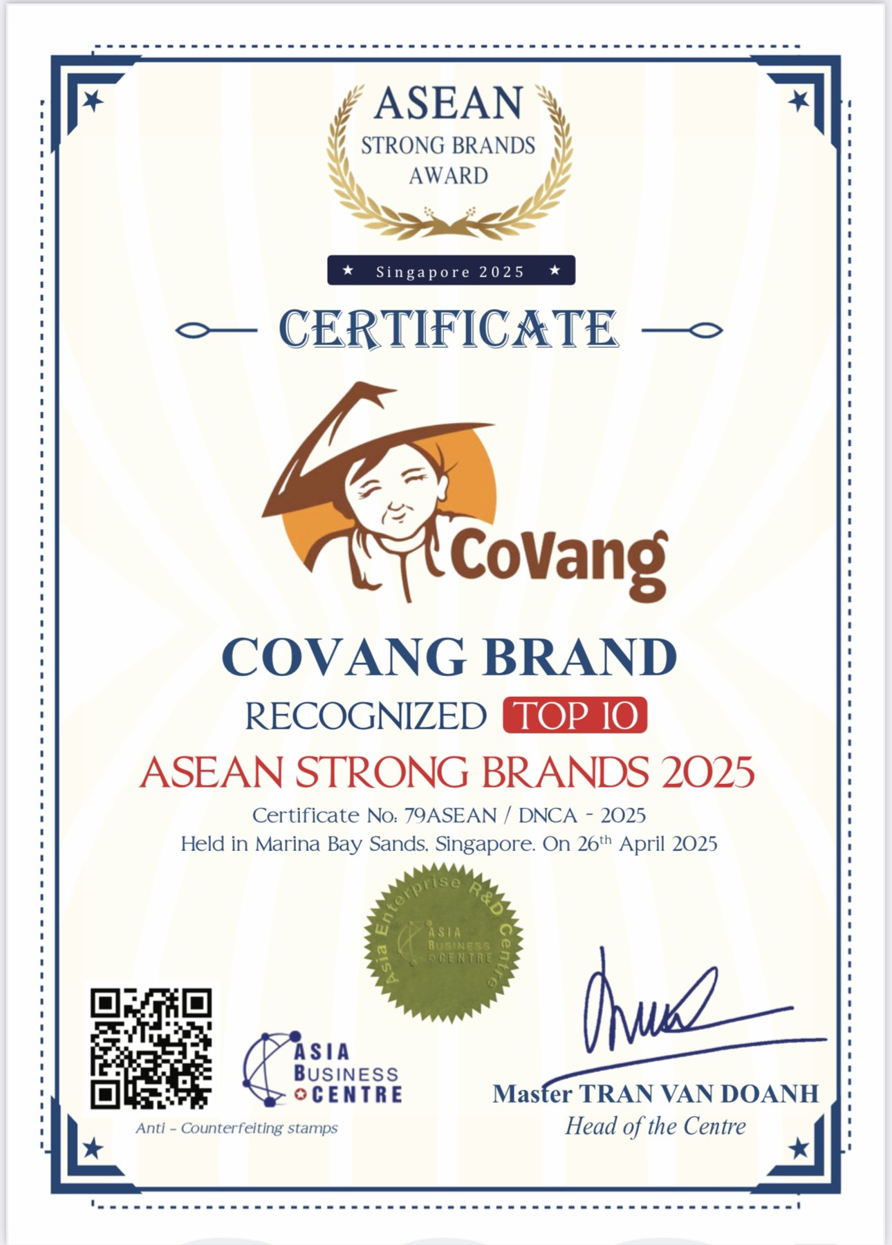 Chứng nhận và sự công nhận Top 10 Thương hiệu mạnh khu vực Asean 2025