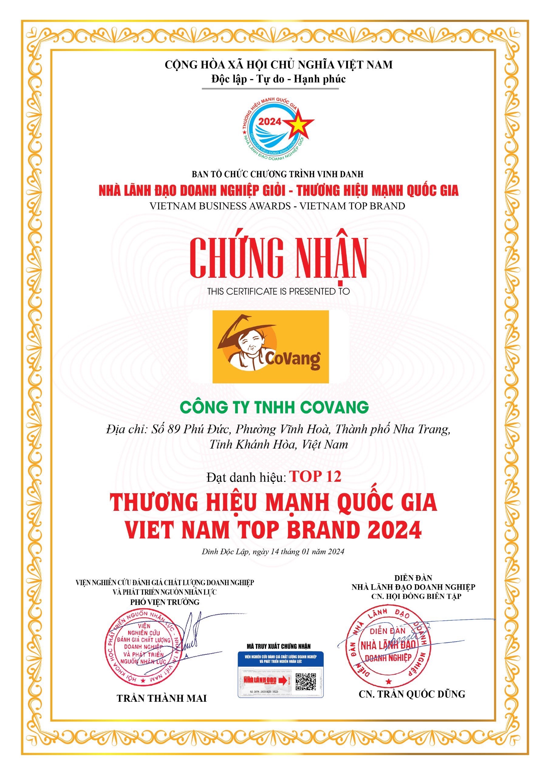Chứng nhận và sự công nhận Thương hiệu mạnh Quốc gia 2024